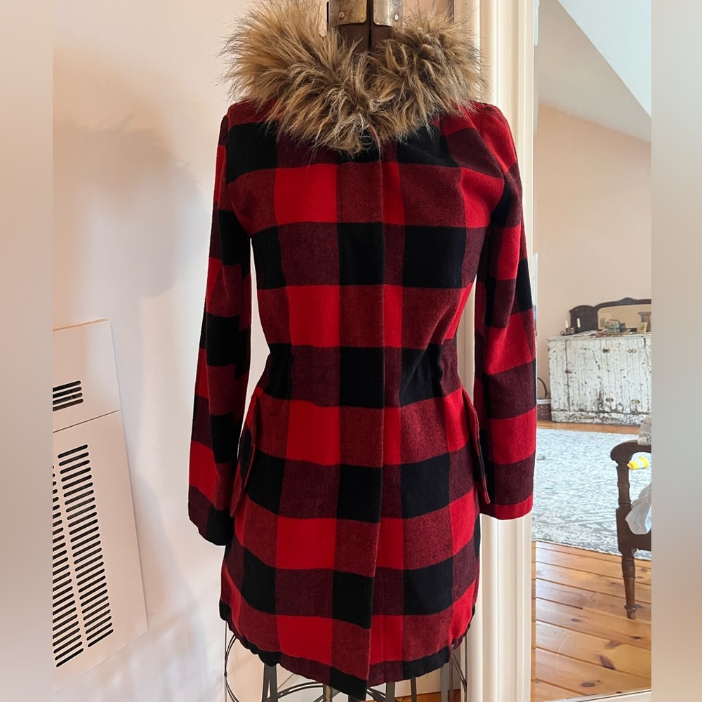 BB Dakota Plaid Red and Black Women's Coat with Faux Fur Hooded Hood